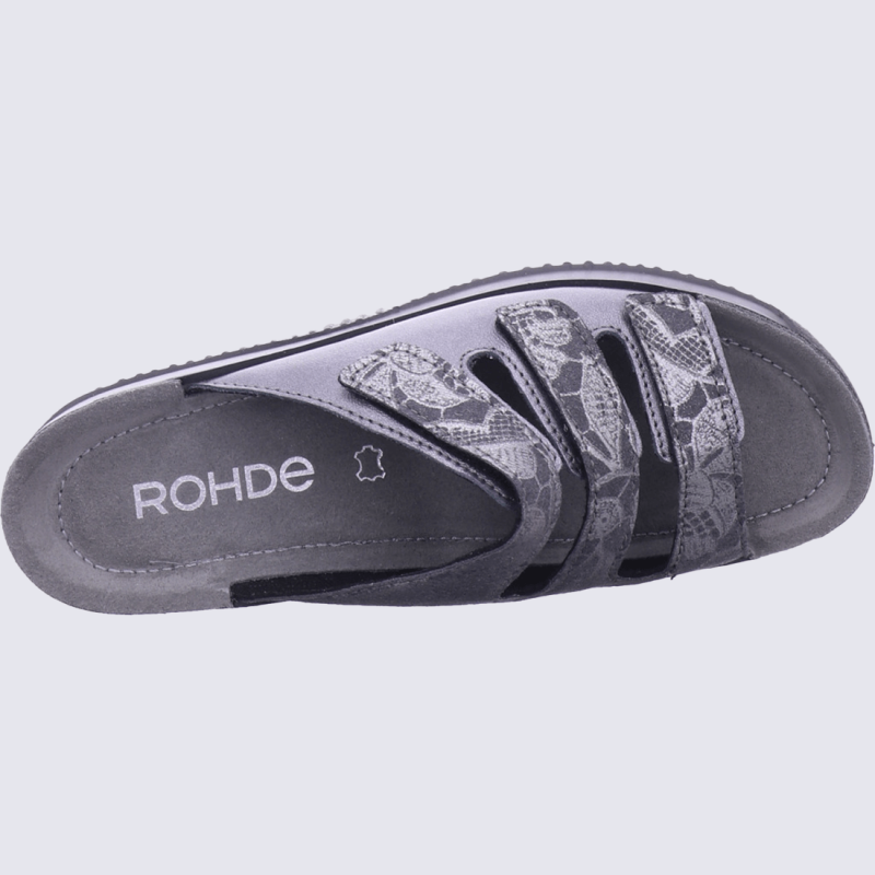 Mules Rohde, mules confortables 3 brides velcro femme en cuir anthracite