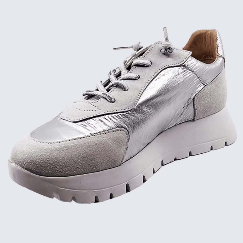 Sneakers Wonders, sneakers tendances motif W femme en cuir et nylon argent/blanc