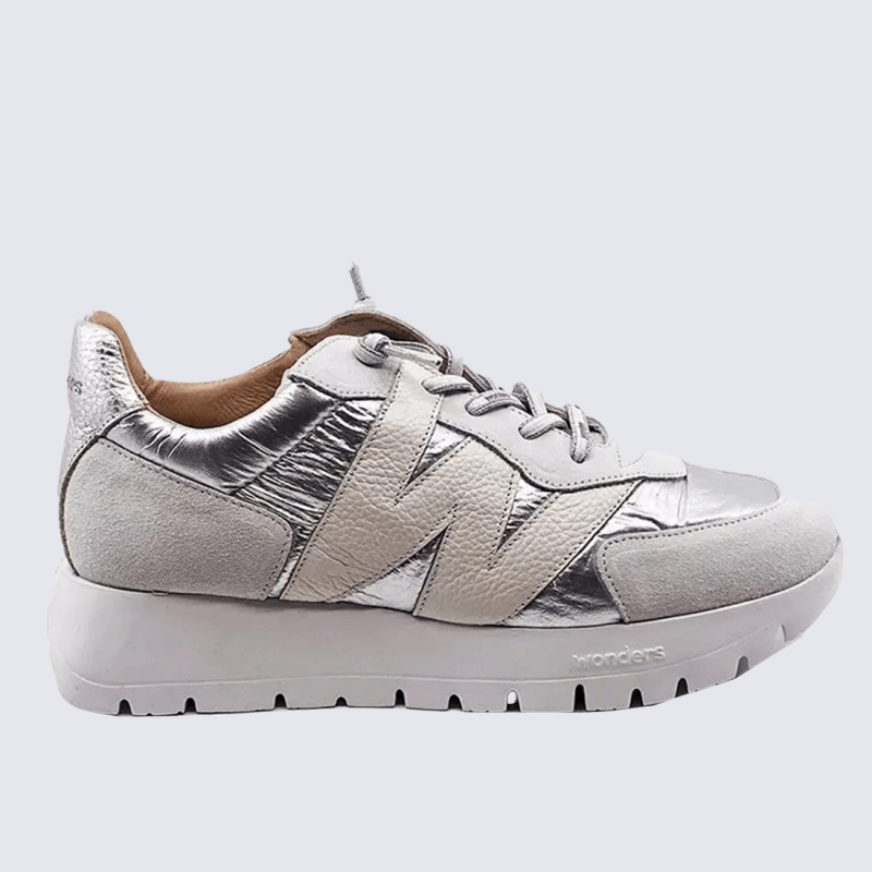 Sneakers Wonders, sneakers tendances motif W femme en cuir et nylon argent/blanc