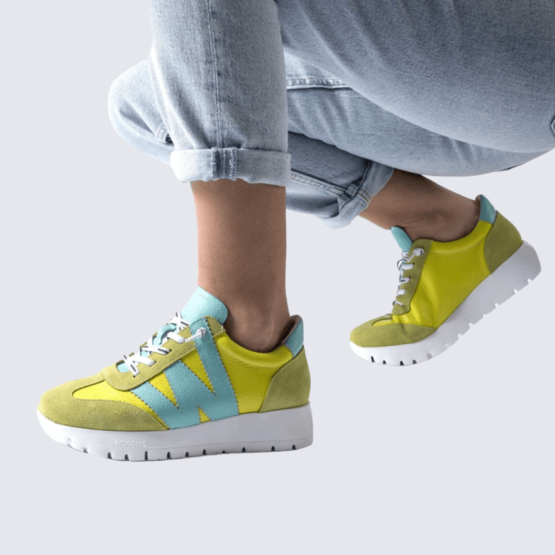 Sneakers Wonders, sneakers tendances motif W femme en cuir grainé vert