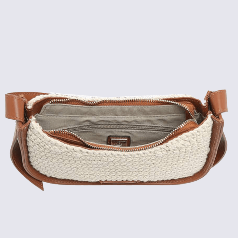 Sac à main Etrier, sac à main élégant femme en cuir et toile tressée de haute qualité beige camel