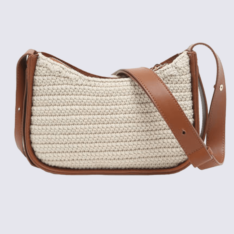 Sac à main Etrier, sac à main élégant femme en cuir et toile tressée de haute qualité beige camel