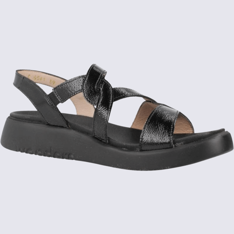 Sandales Wonders, Sandales confort fermeture velcros en cuir vernis noir