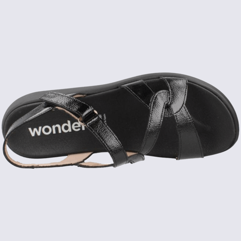 Sandales Wonders, Sandales confort fermeture velcros en cuir vernis noir