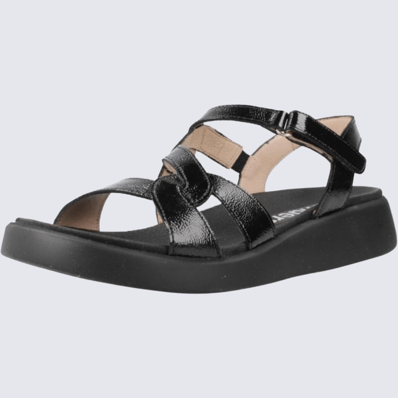 Sandales Wonders, Sandales confort fermeture velcros en cuir vernis noir
