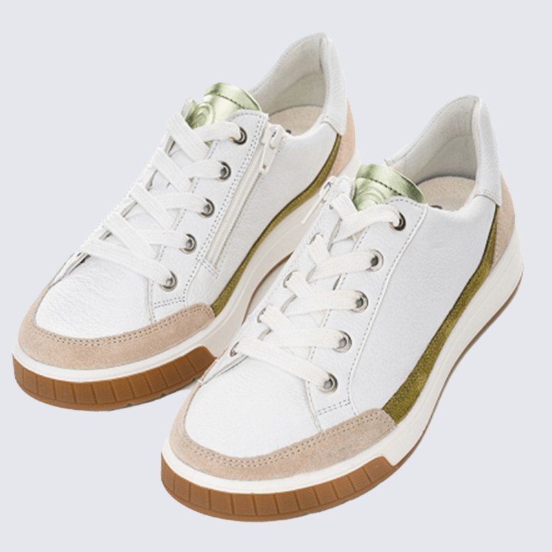 Baskets Ara, baskets a lacets confort femme en cuir blanc et kiwi