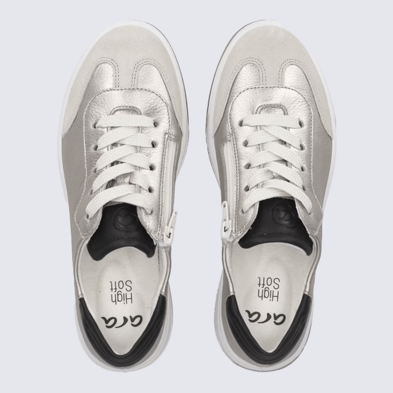 Baskets Ara, baskets a lacets confort femme en cuir blanc rosé métal