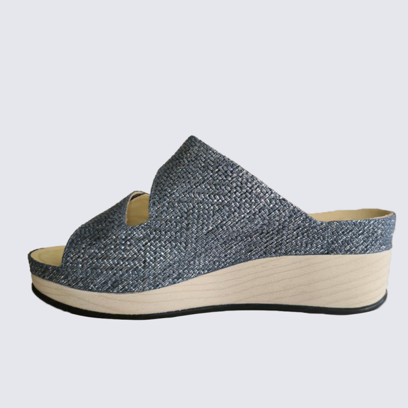 Mules Vital, mules ouvertes à talons compensés conforts femme en cuir bleu foncé