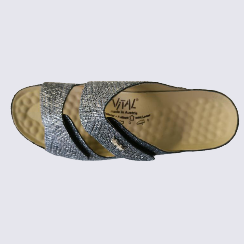 Mules Vital, mules ouvertes à talons compensés conforts femme en cuir bleu foncé