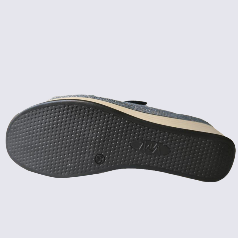 Mules Vital, mules ouvertes à talons compensés conforts femme en cuir bleu foncé