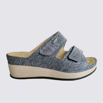 Mules Vital, mules ouvertes à talons compensés conforts femme en cuir bleu foncé