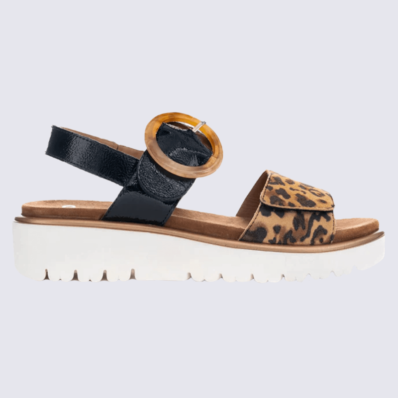 Sandales Ara, sandales compensées tendances femme en cuir léopard vernis noir
