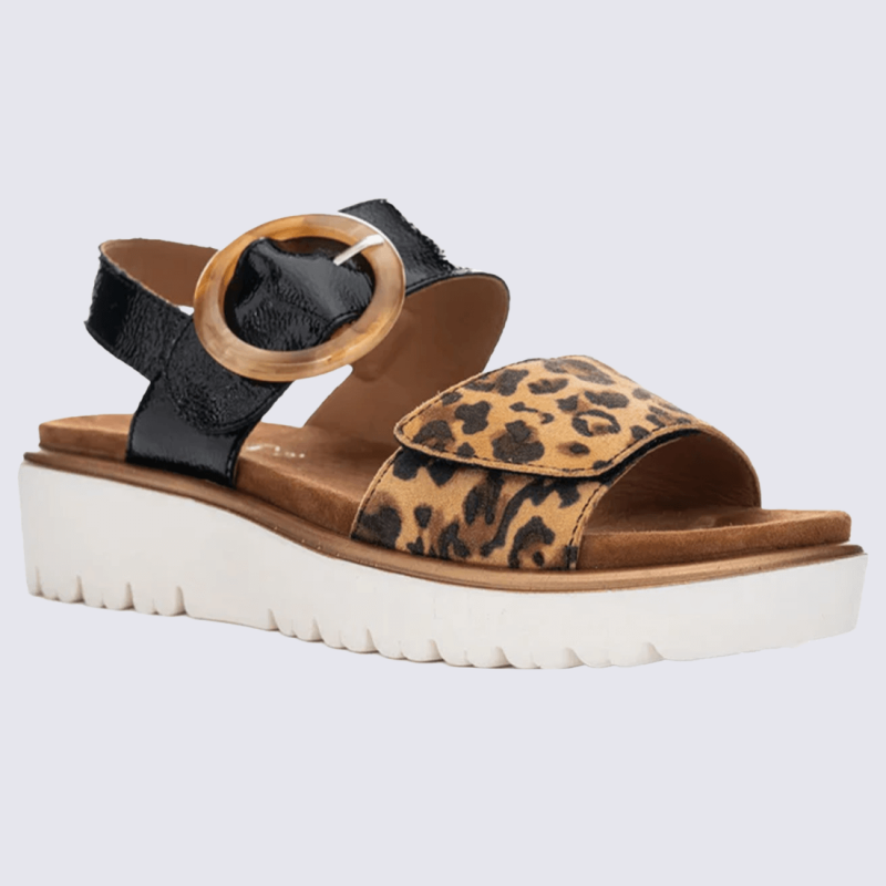 Sandales Ara, sandales compensées tendances femme en cuir léopard vernis noir