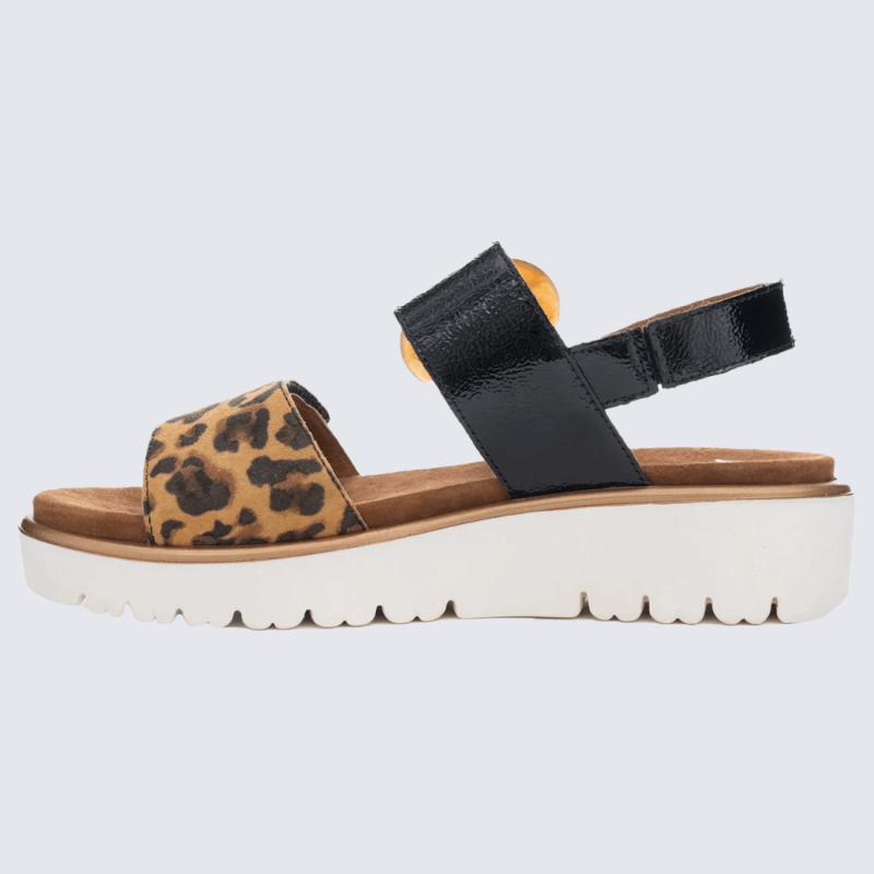 Sandales Ara, sandales compensées tendances femme en cuir léopard vernis noir