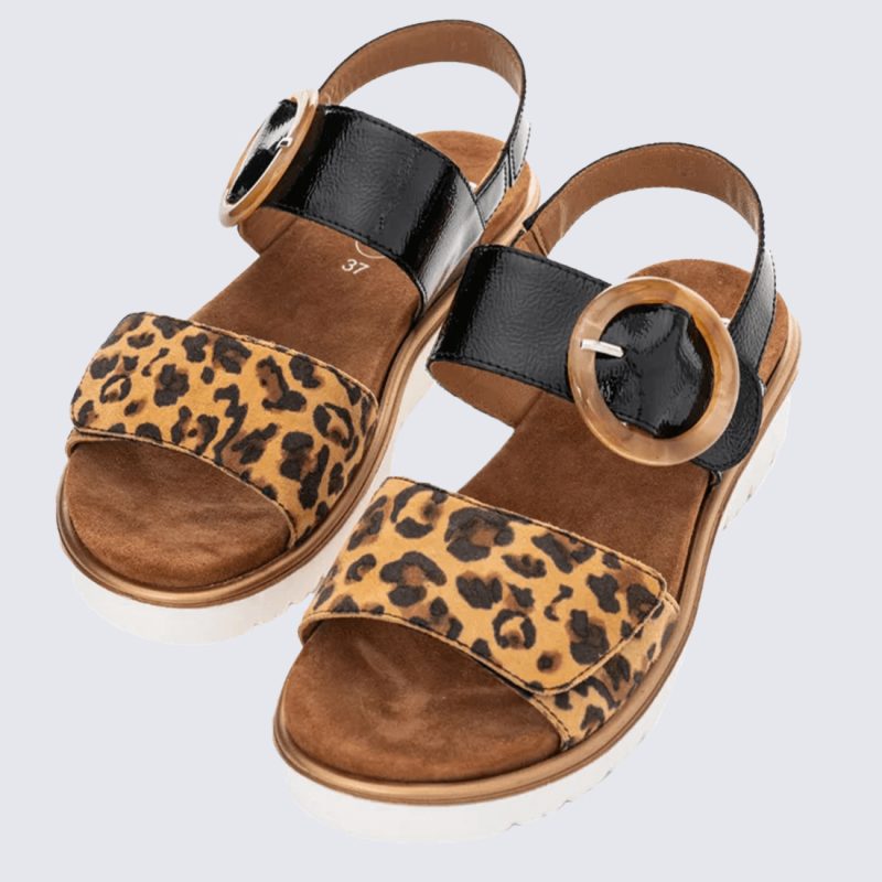 Sandales Ara, sandales compensées tendances femme en cuir léopard vernis noir