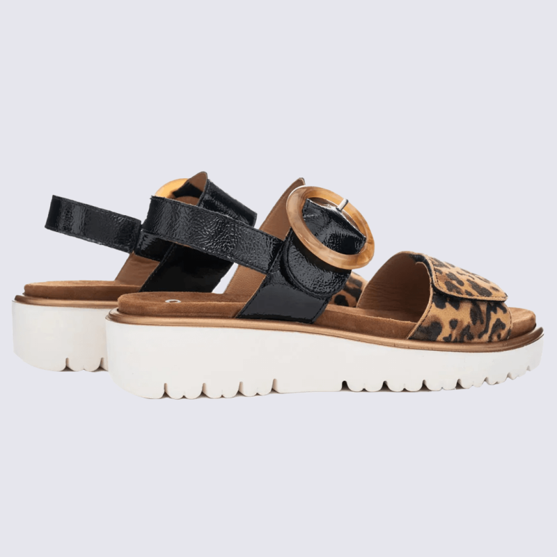 Sandales Ara, sandales compensées tendances femme en cuir léopard vernis noir