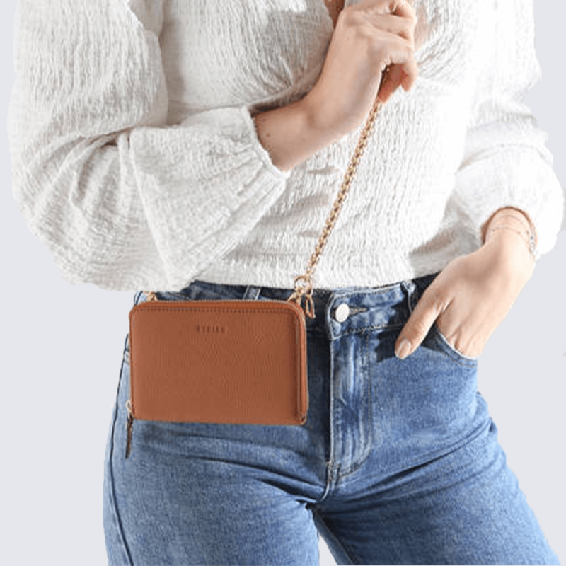 Portefeuille Etrier, portefeuille a bandoulière élégant femme en cuir de vachette camel