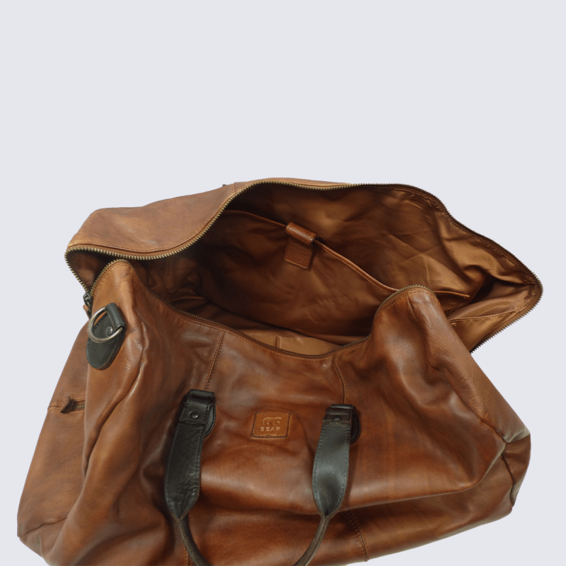 Sac week-end Bear Design, sac week-end spacieux unisexe en cuir cognac