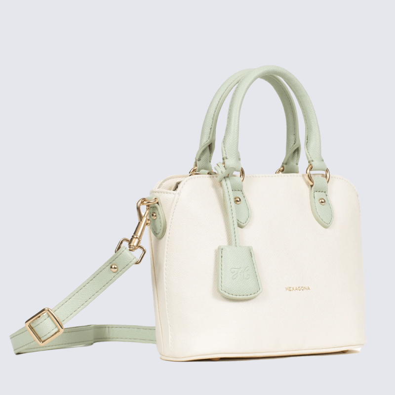 Sac à main Hexagona, Sac à main compact et élégant femme en cuir blanc et vert