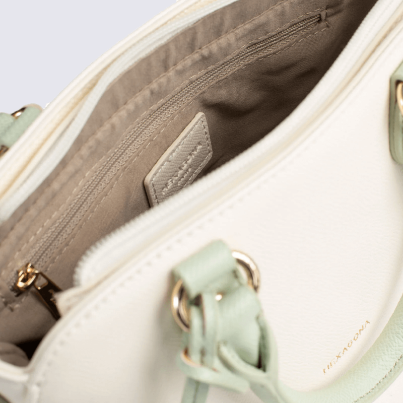 Sac à main Hexagona, Sac à main compact et élégant femme en cuir blanc et vert
