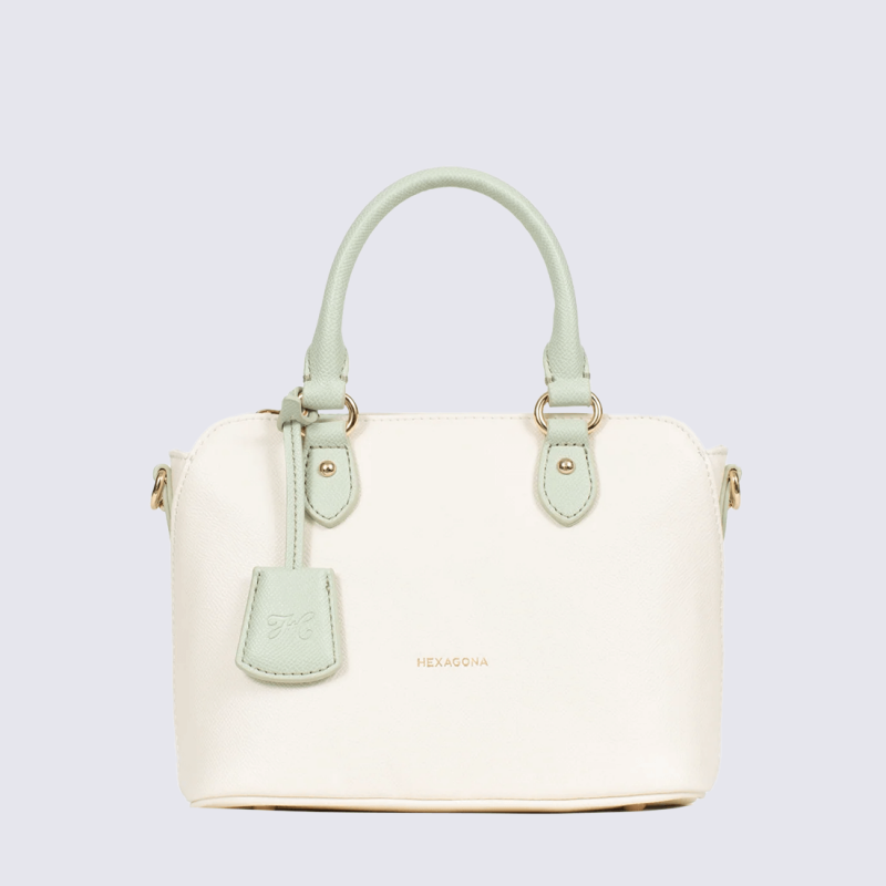 Sac à main Hexagona, Sac à main compact et élégant femme en cuir blanc et vert