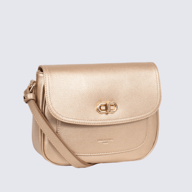 Sac bandoulière Hexagona, Sac bandoulière arrondie femme en cuir de vachette grainé doré
