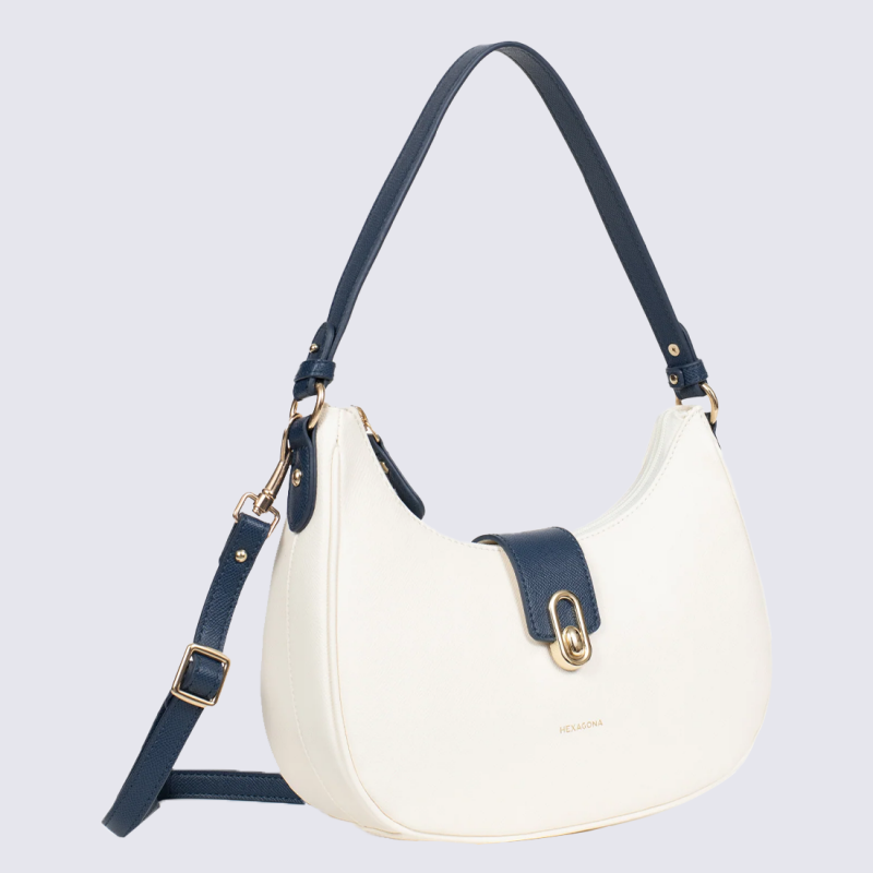 Sac bandoulière Hexagona, Sac bandoulière chic et élégant femme en textile blanc marine