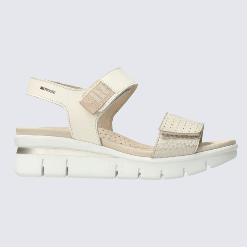 Sandales compensées Mephisto, Sandales confort femme en cuir pleine fleur sable clair