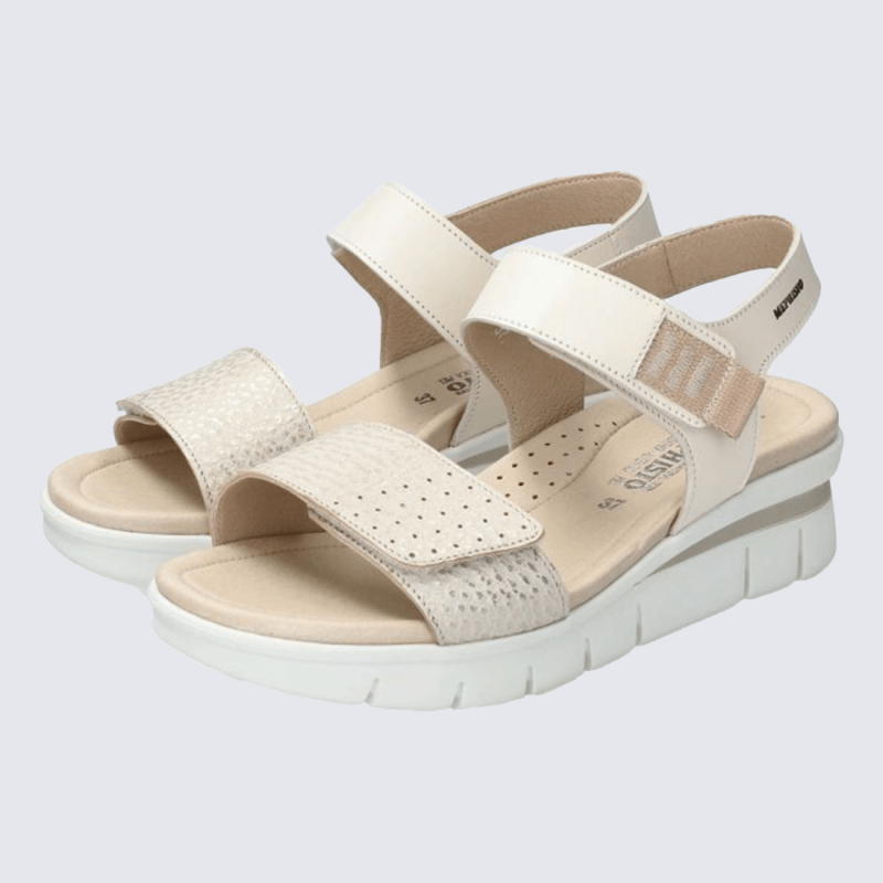 Sandales compensées Mephisto, Sandales confort femme en cuir pleine fleur sable clair