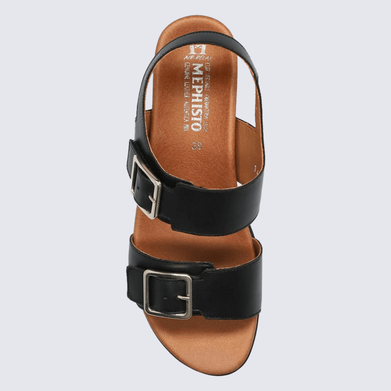 Sandales Mephisto, sandales à talons compensés retro femme en cuir noir