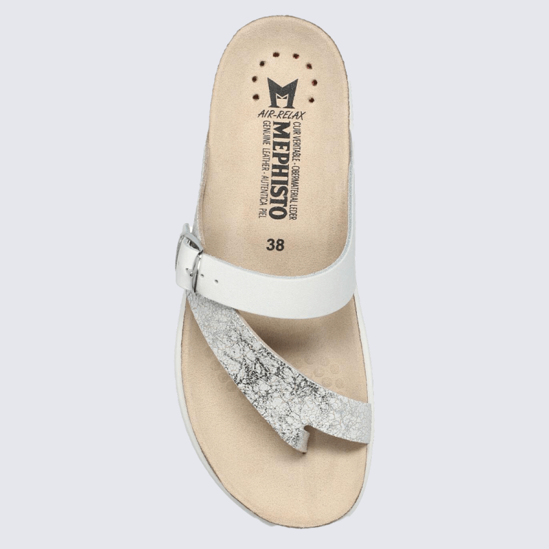 Sandales Mephisto, Sandales entre-doigt femme en cuir souple argent et blanc