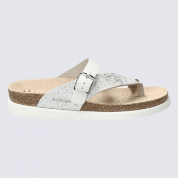 Sandales Mephisto, Sandales entre-doigt femme en cuir souple argent et blanc