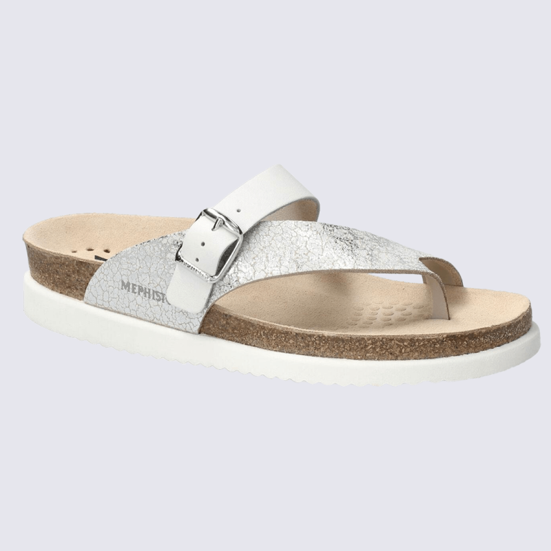 Sandales Mephisto, Sandales entre-doigt femme en cuir souple argent et blanc