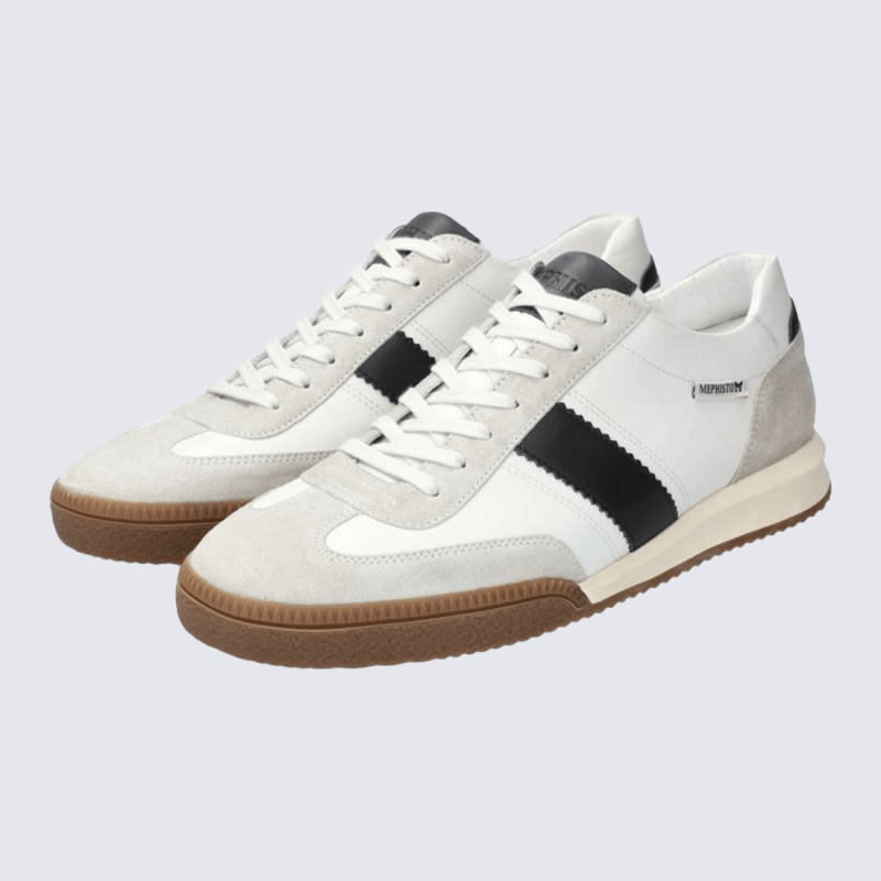 Baskets Mephisto, Baskets moderne homme en cuir pleine fleur gris et blanc