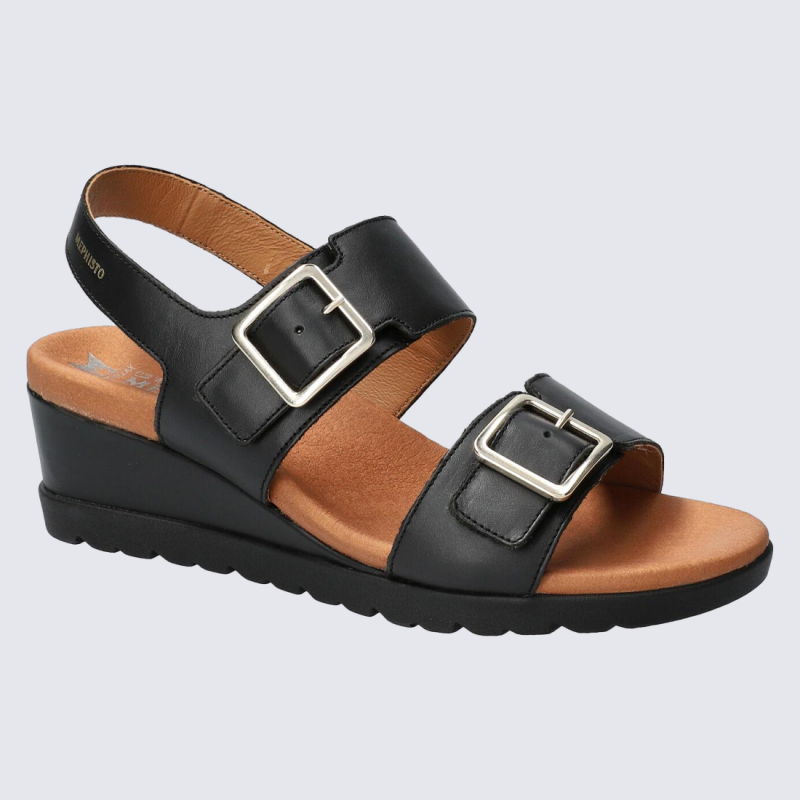 Sandales Mephisto, sandales à talons compensés retro femme en cuir noir