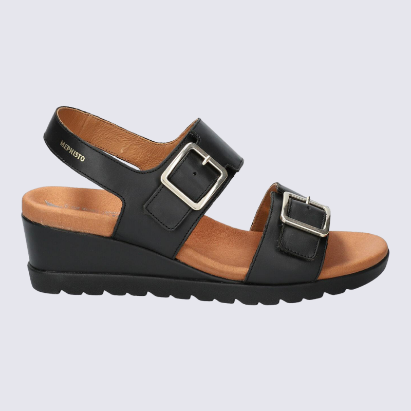 Sandales Mephisto, sandales à talons compensés retro femme en cuir noir