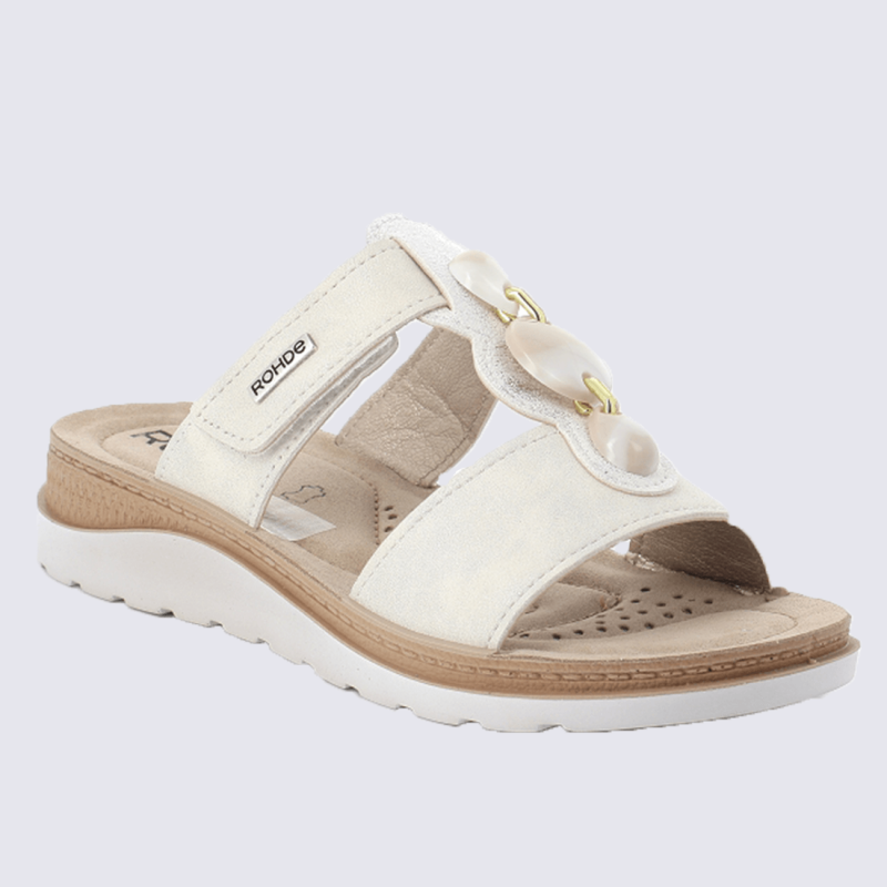 Mules Rohde, mules à bride velcro et bijou fantaisie femme blanc cassé