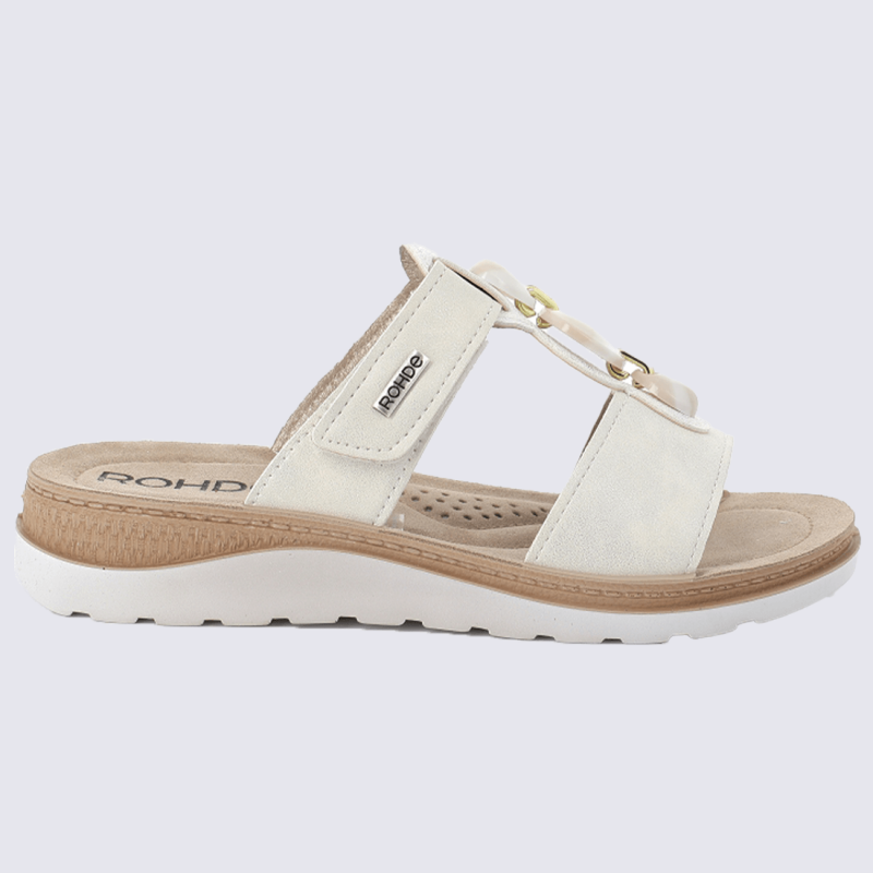 Mules Rohde, mules à bride velcro et bijou fantaisie femme blanc cassé