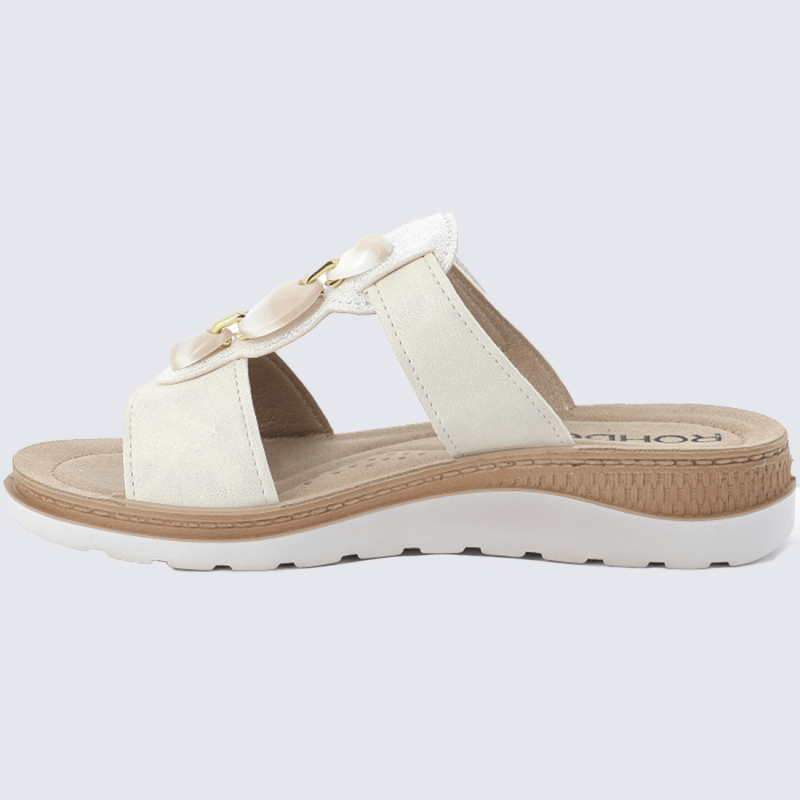 Mules Rohde, mules à bride velcro et bijou fantaisie femme blanc cassé