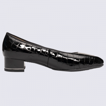 Escarpins ARA, Escarpins vernis noirs effet croco femme à talon carré confortable en cuir brillant