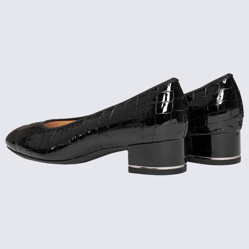 Escarpins ARA, Escarpins vernis noirs effet croco femme à talon carré confortable en cuir brillant