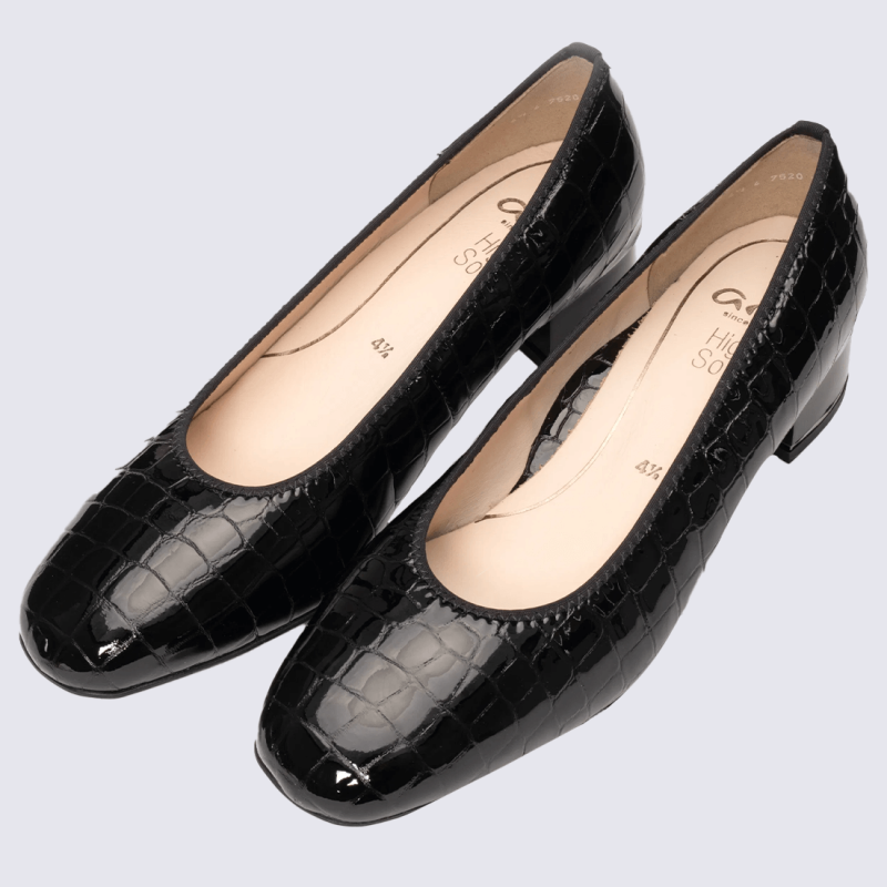 Escarpins ARA, Escarpins vernis noirs effet croco femme à talon carré confortable en cuir brillant