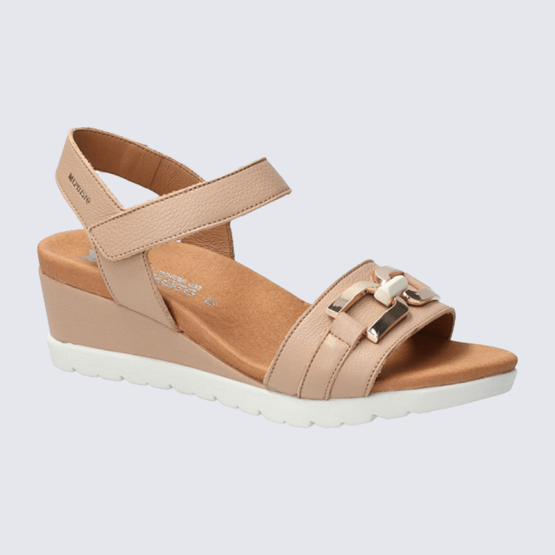 Sandales Mephisto, sandales compensées avec bijou décoratif et semelle souple femme en cuir beige