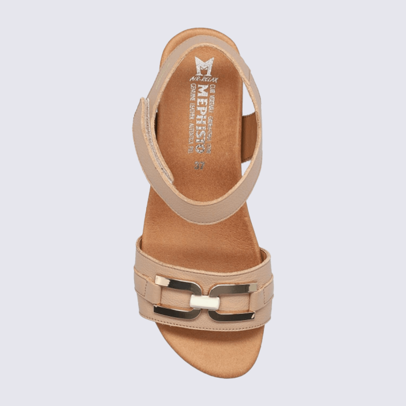 Sandales Mephisto, sandales compensées avec bijou décoratif et semelle souple femme en cuir beige