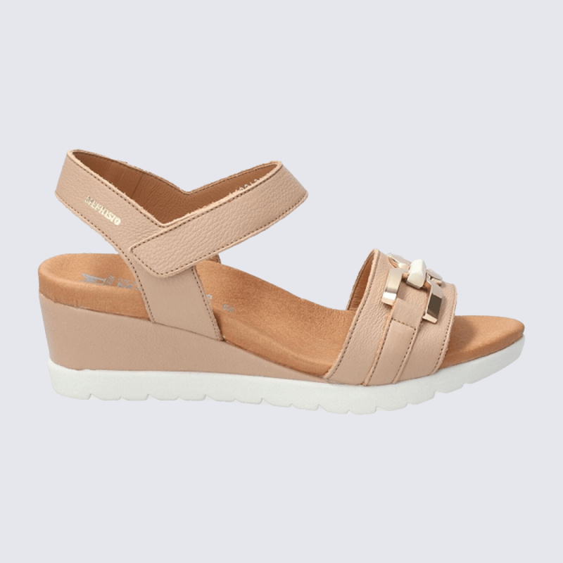 Sandales Mephisto, sandales compensées avec bijou décoratif et semelle souple femme en cuir beige