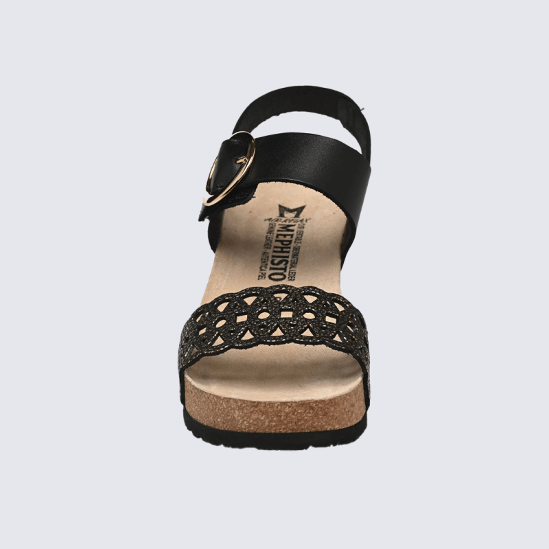 Sandales Mephisto, Sandales tendance compensées femme en cuir noir et or
