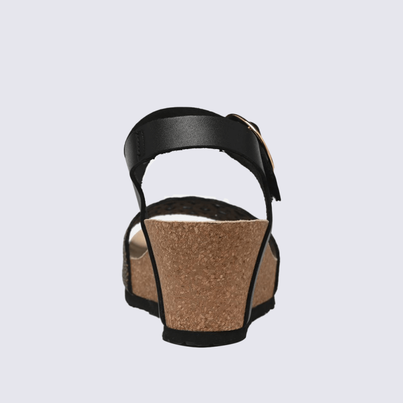 Sandales Mephisto, Sandales tendance compensées femme en cuir noir et or