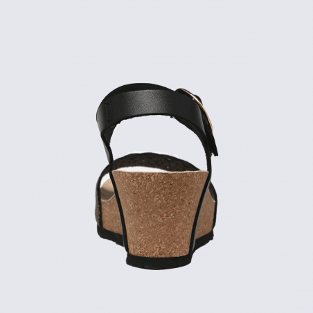 Sandales Mephisto, Sandales tendance compensées femme en cuir noir et or Sandales Mephisto, Sandales tendance compensées femme en cuir noir et or