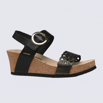Sandales Mephisto, Sandales tendance compensées femme en cuir noir et or