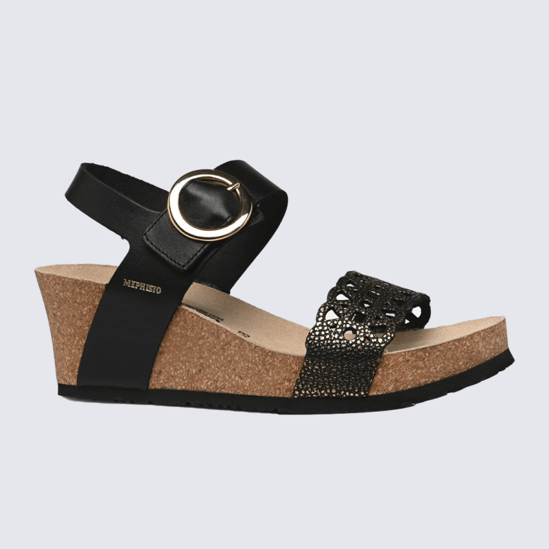 Sandales Mephisto, Sandales tendance compensées femme en cuir noir et or